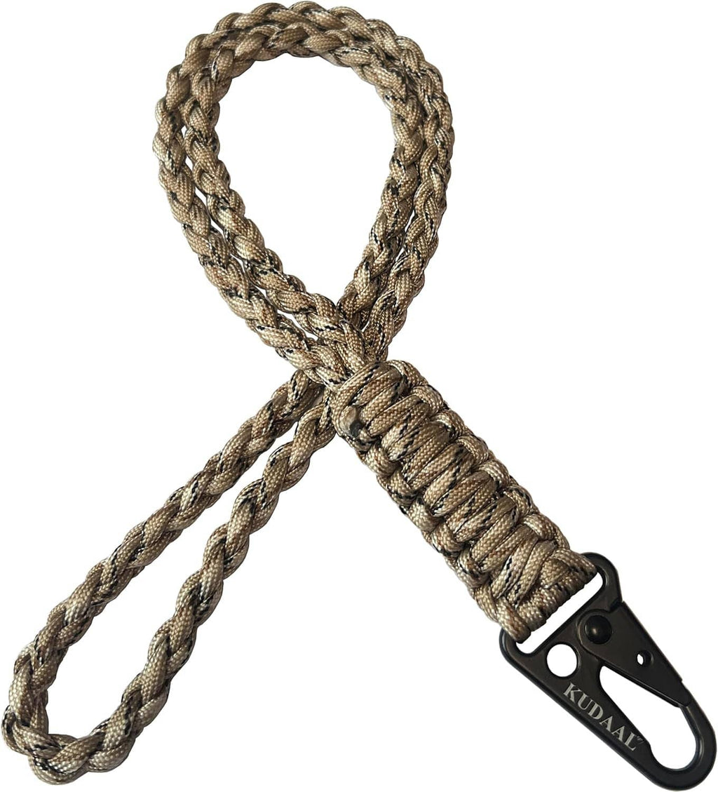 Braided paracord lanyard with black clip and keyring; X-shaped cord bundle, tan weave