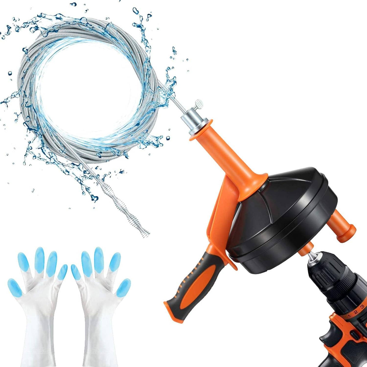 Drain auger with orange/black drum and flexible metal snake coil, drill adapter attached.