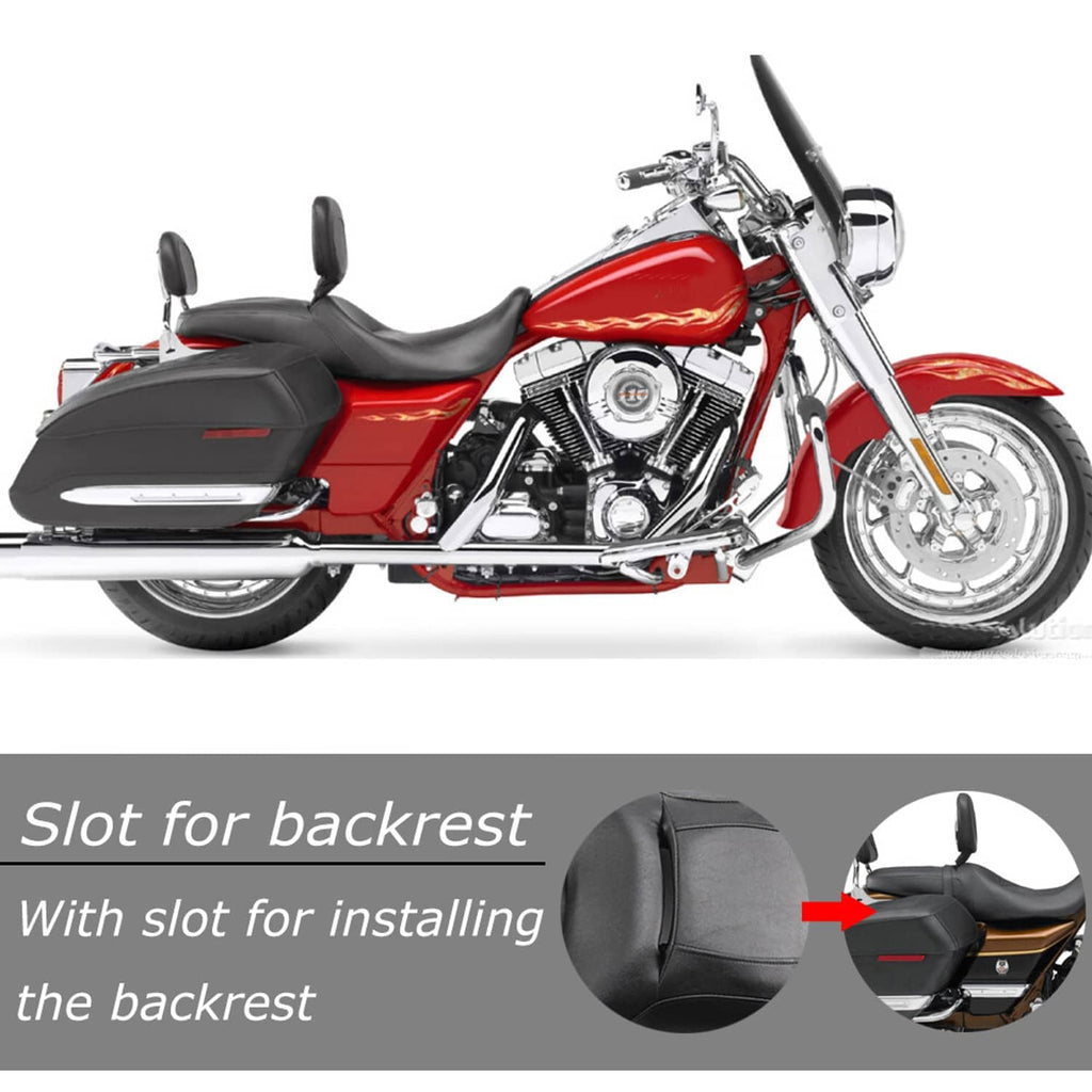 Black two-up motorcycle seat with contoured rider sections and stitched trim lines.