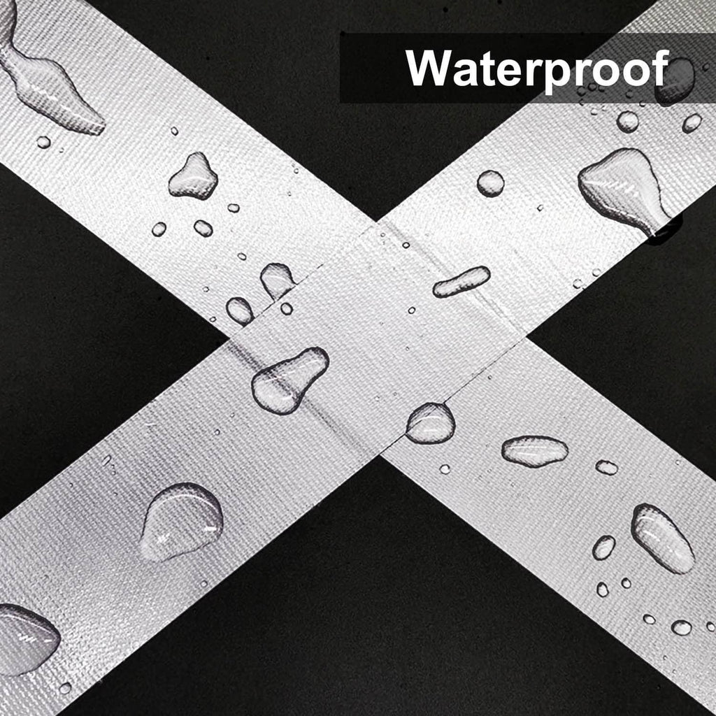 Waterproof-looking silver duct tape strip with water droplets on the surface.