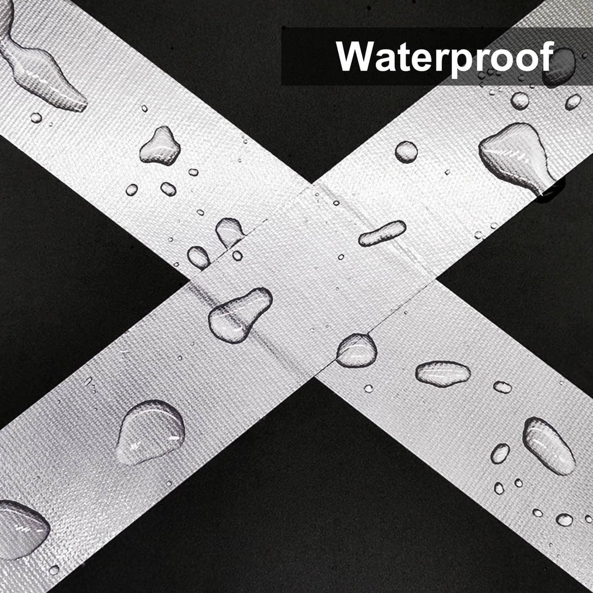 Waterproof-looking silver duct tape strip with water droplets on the surface.