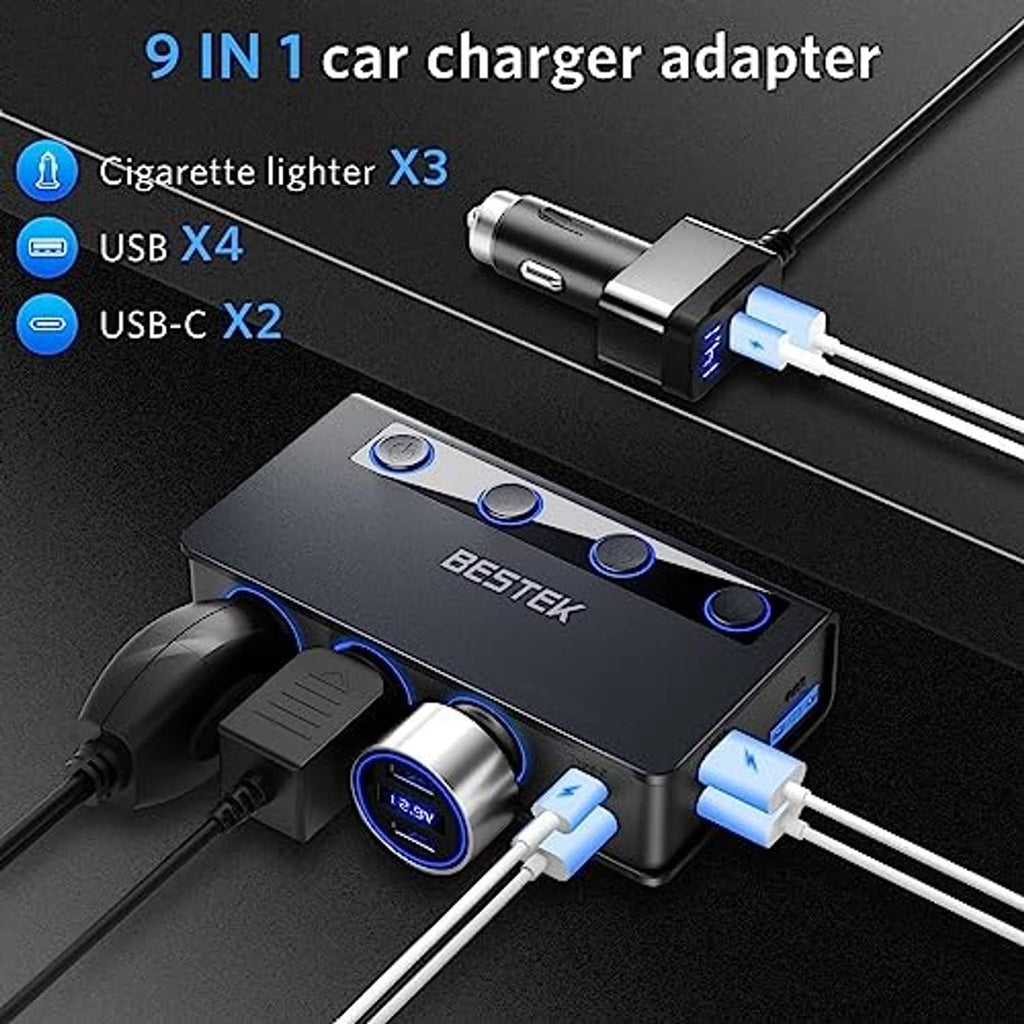 Black multi-port car charger splitter with USB-C and USB ports plus lighter sockets.