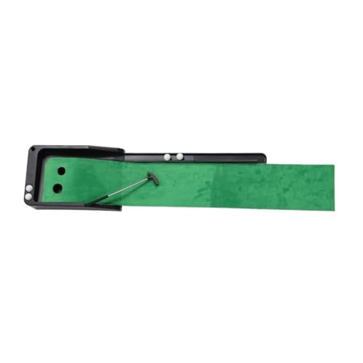 Automatic return putting mat showing green velvet track with return ball holes
