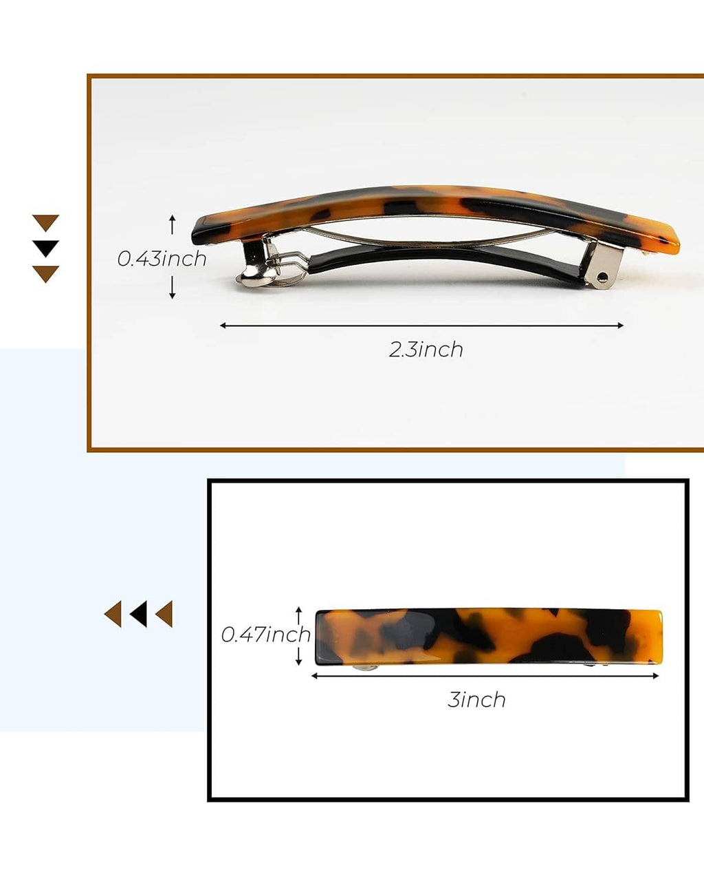 Hair barrette length and width measurement for a tortoiseshell clip with metal spring.