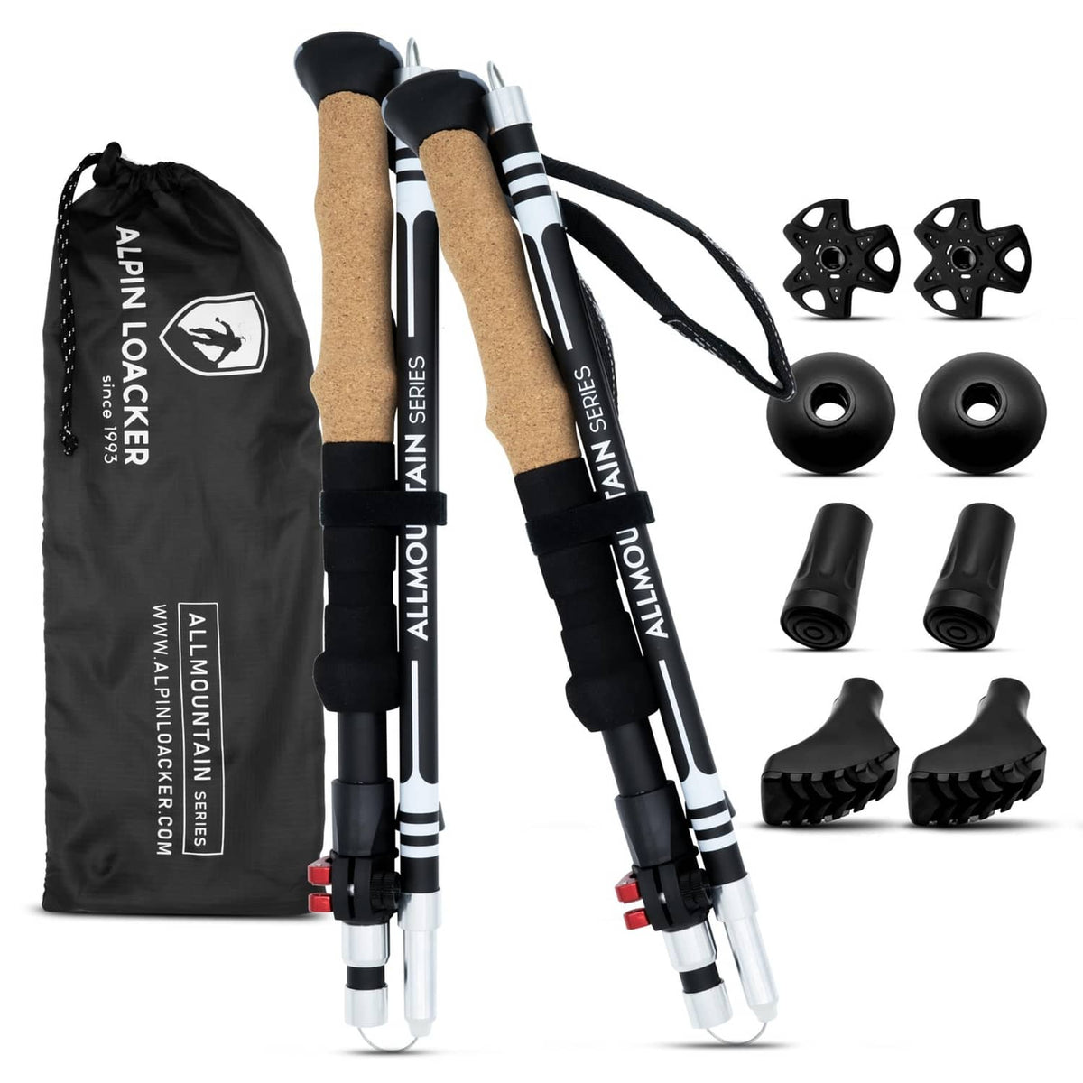 Pair of black collapsible trekking poles with cork grips, wrist straps, tips, and carry bag
