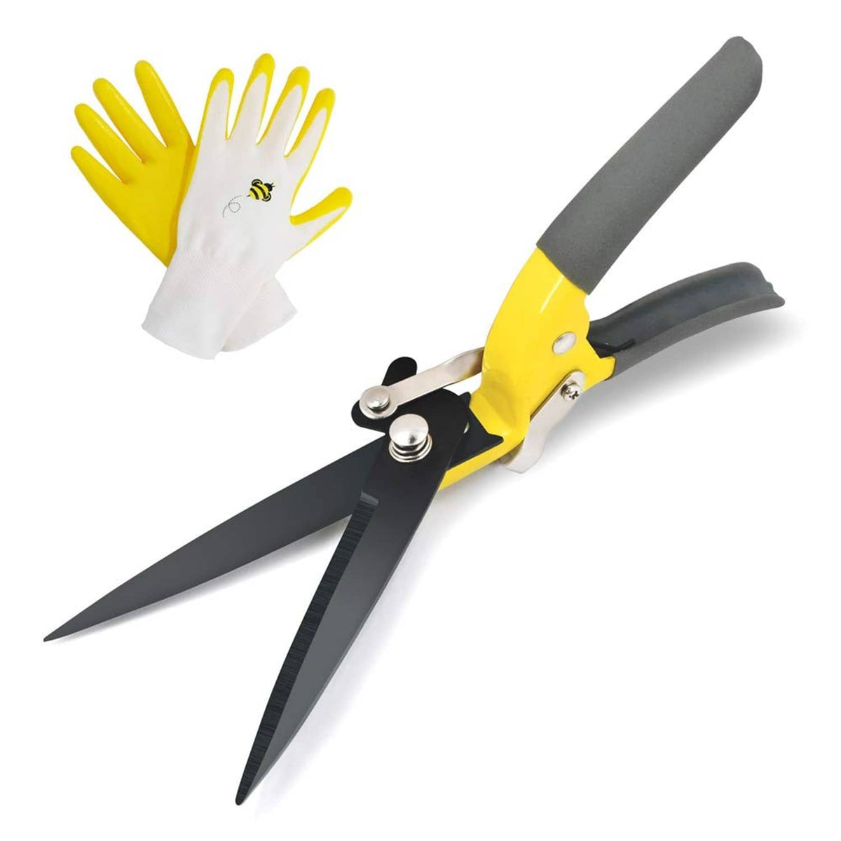 Manual grass shears with yellow handles and gray blades, spring latch closed.