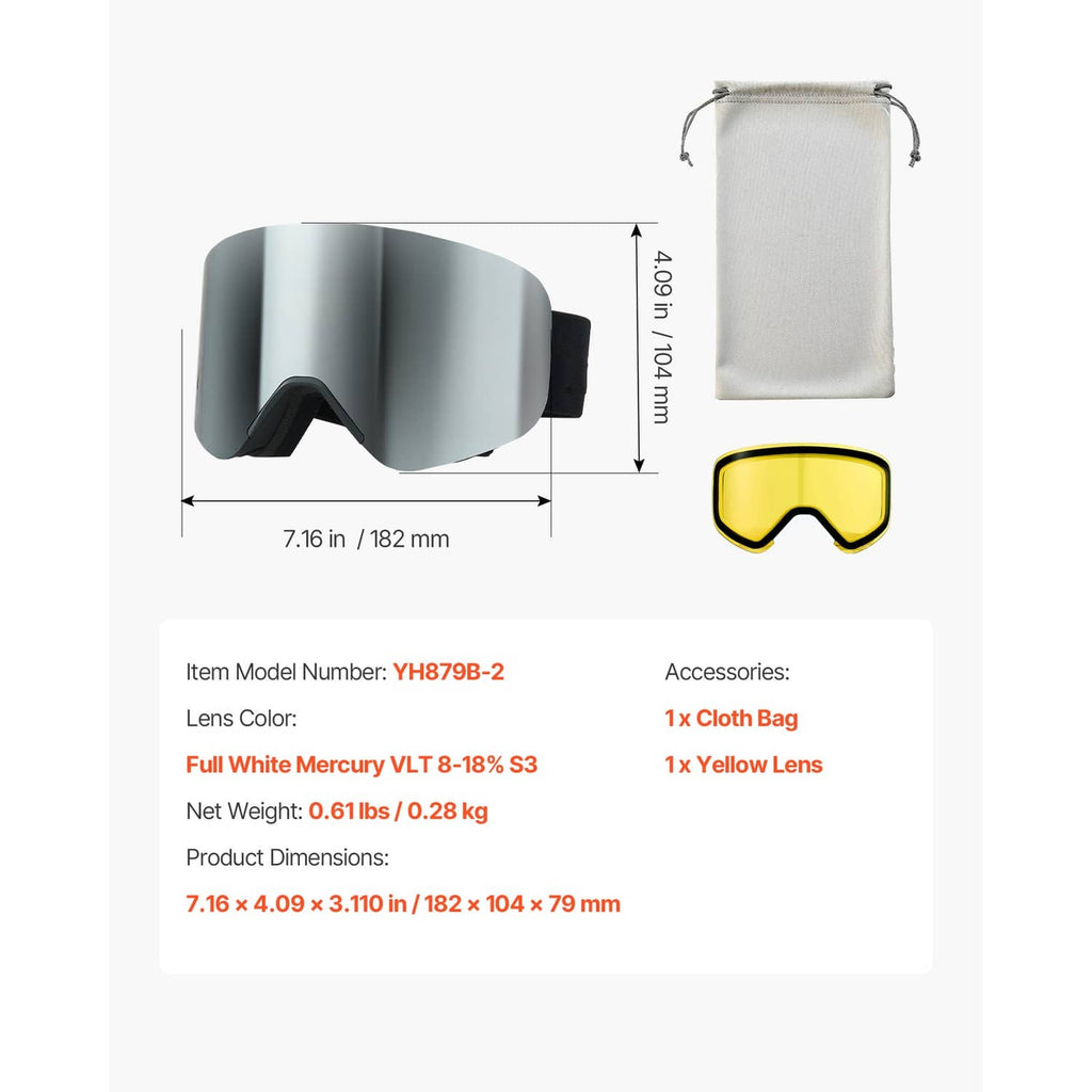 Silver mirrored ski goggles with black strap, shown with yellow spare lens and cloth bag.
