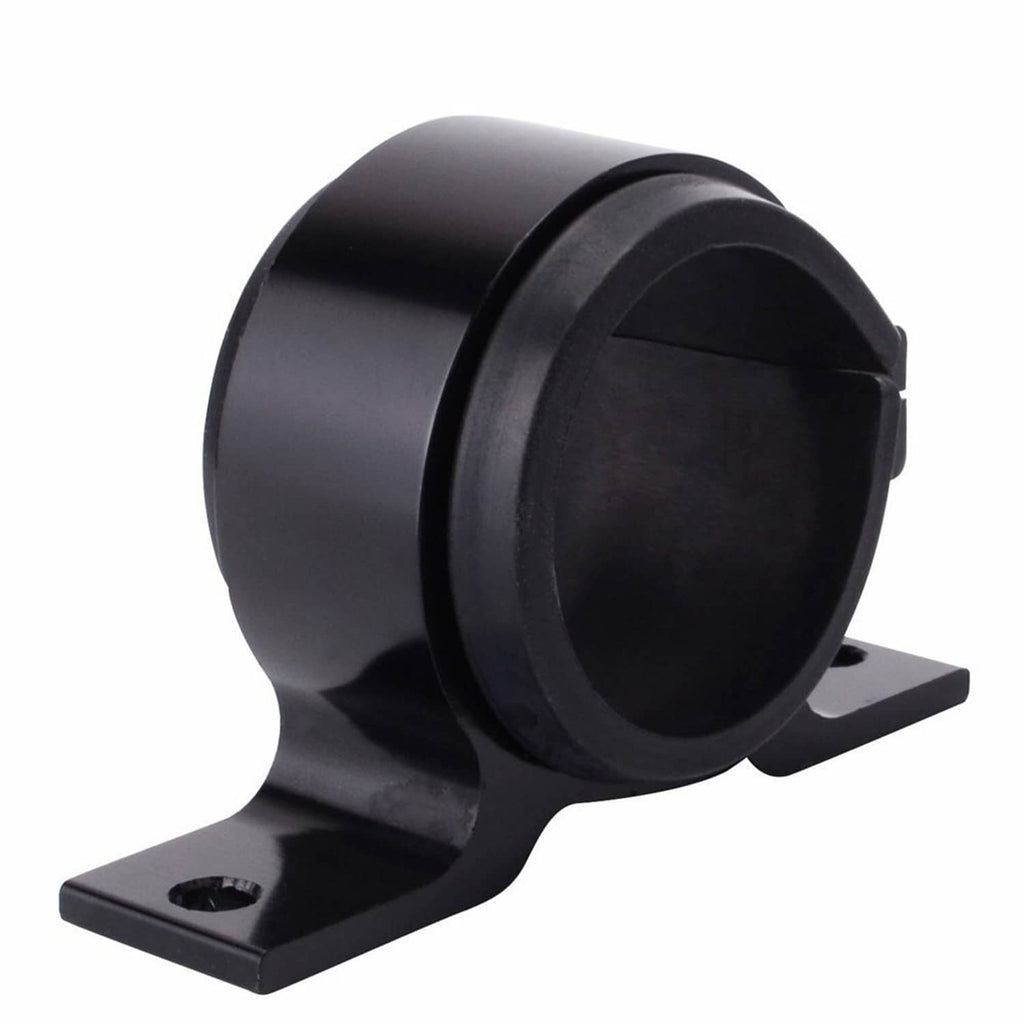 Black fuel pump bracket clamp with circular cradle and two mounting tabs