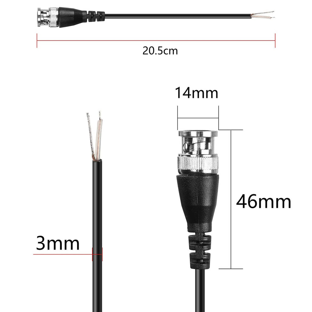 Black BNC male to tail-wire cable with length and connector size measurements