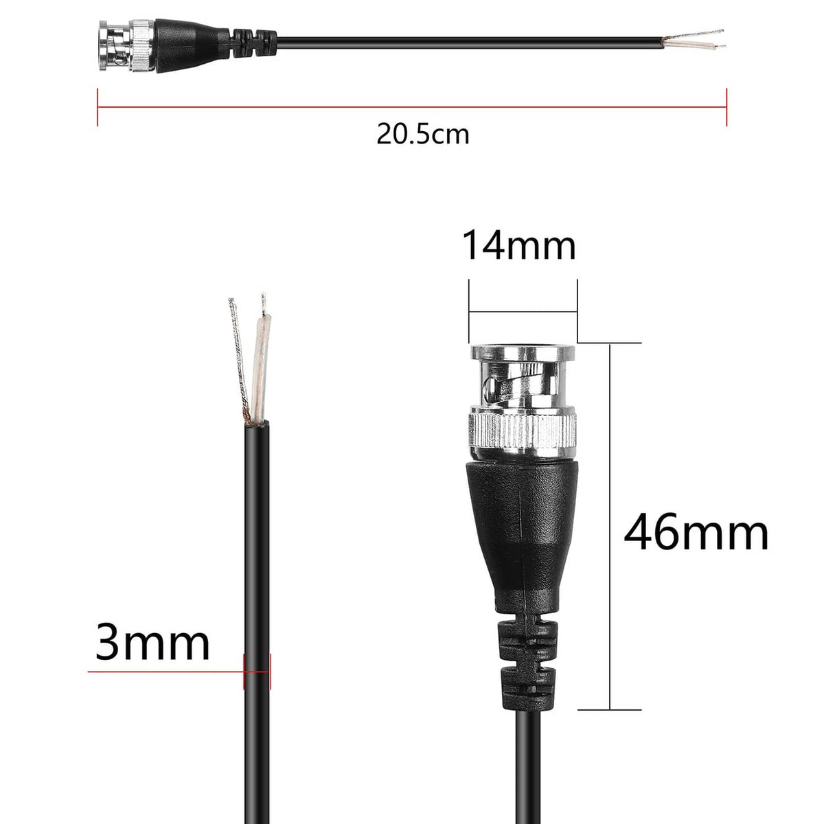 Black BNC male to tail-wire cable with length and connector size measurements