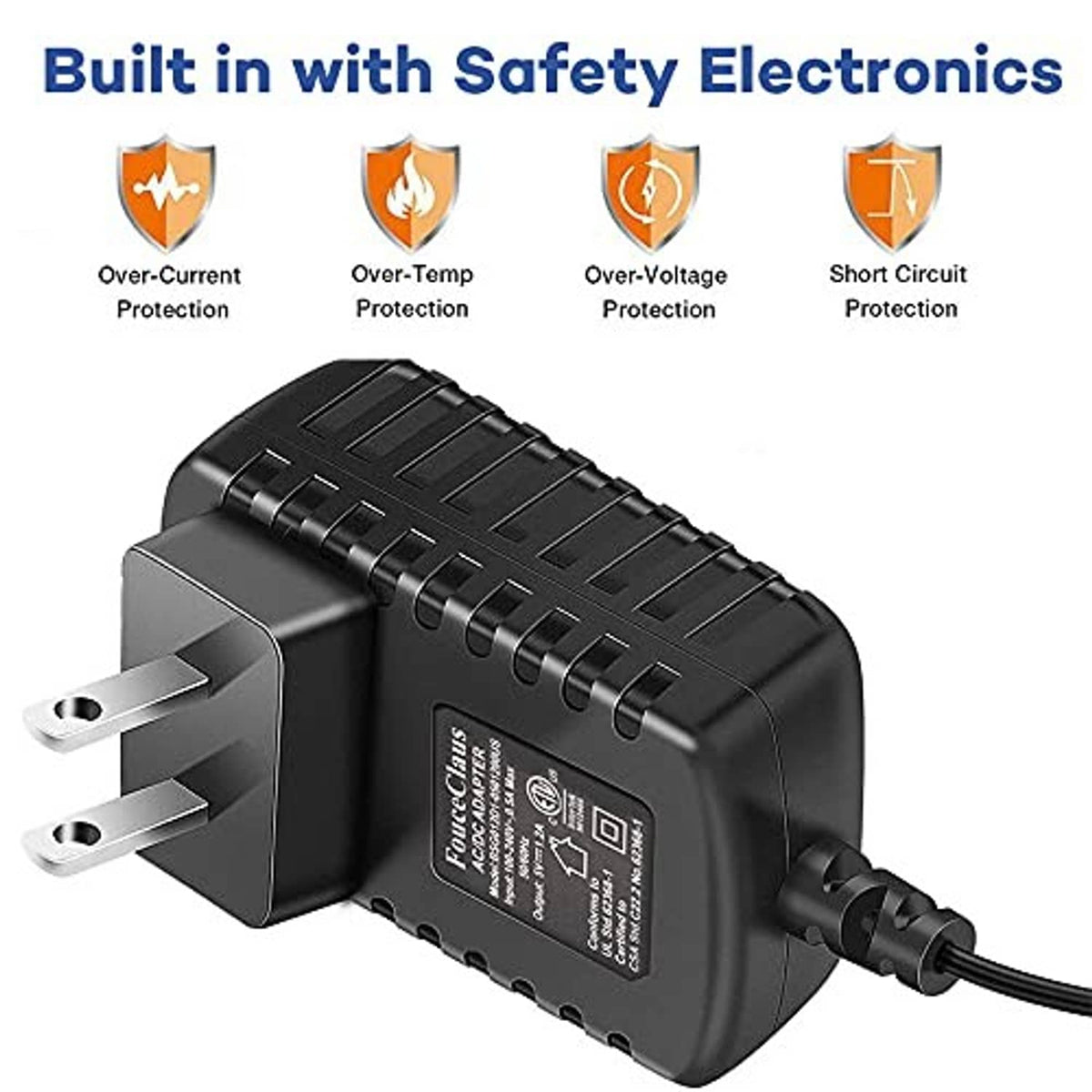 Black power adapter charger with safety electronics and DC output cable
