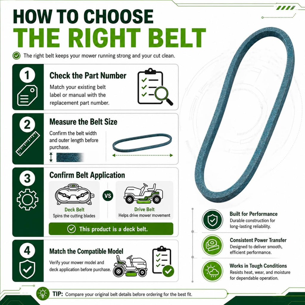 Dark green deck belt loop next to package guide for choosing the right belt