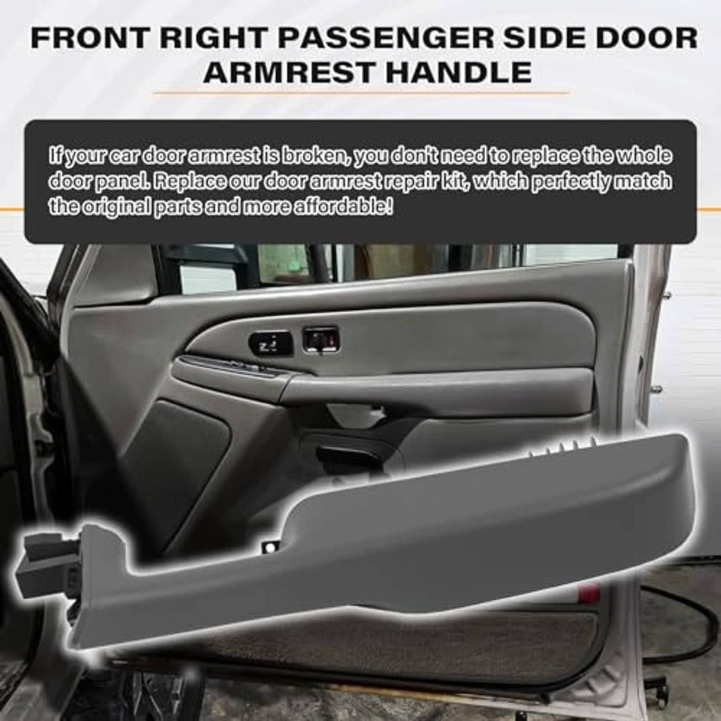 Light gray passenger front door armrest handle installed on inner door panel
