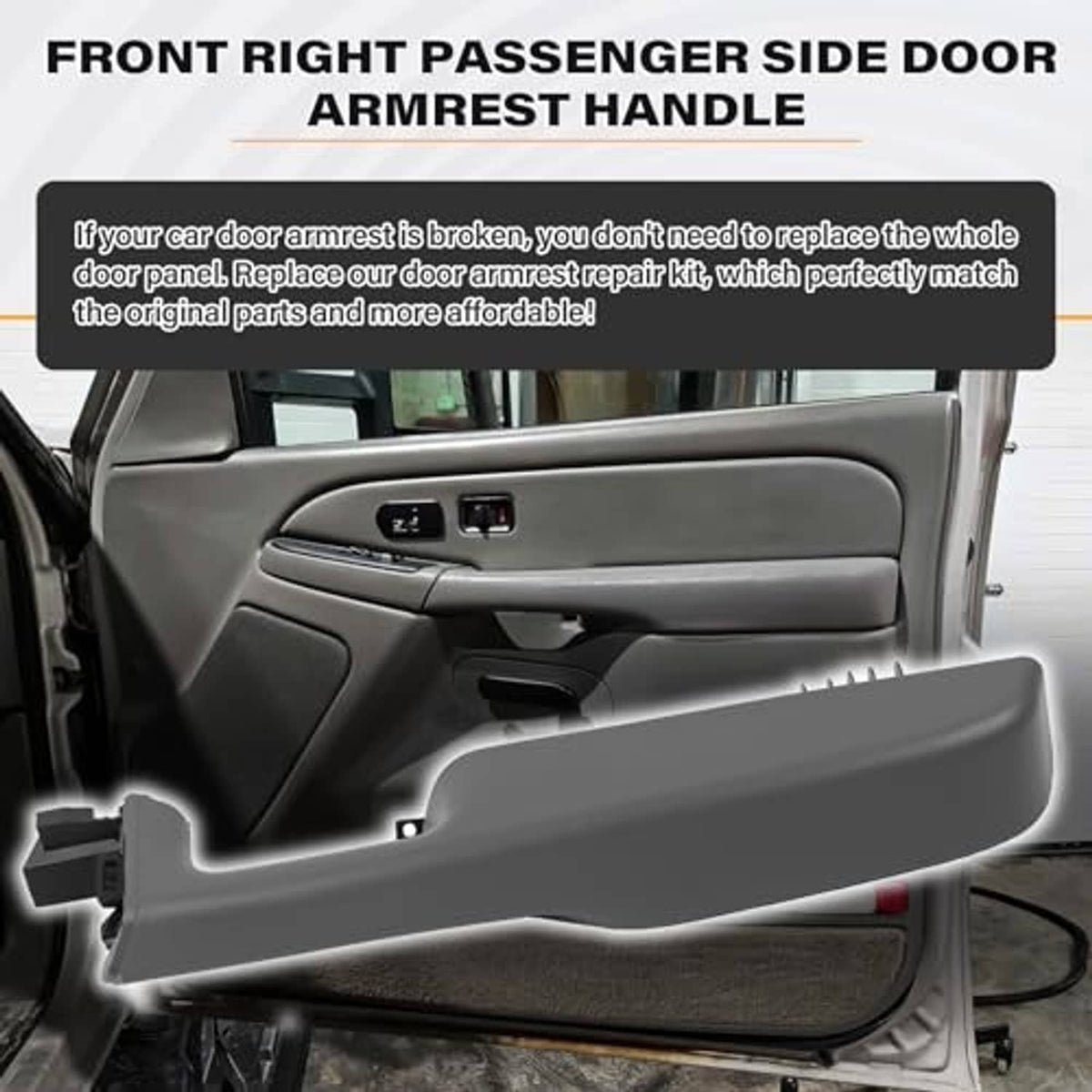Light gray passenger front door armrest handle installed on inner door panel