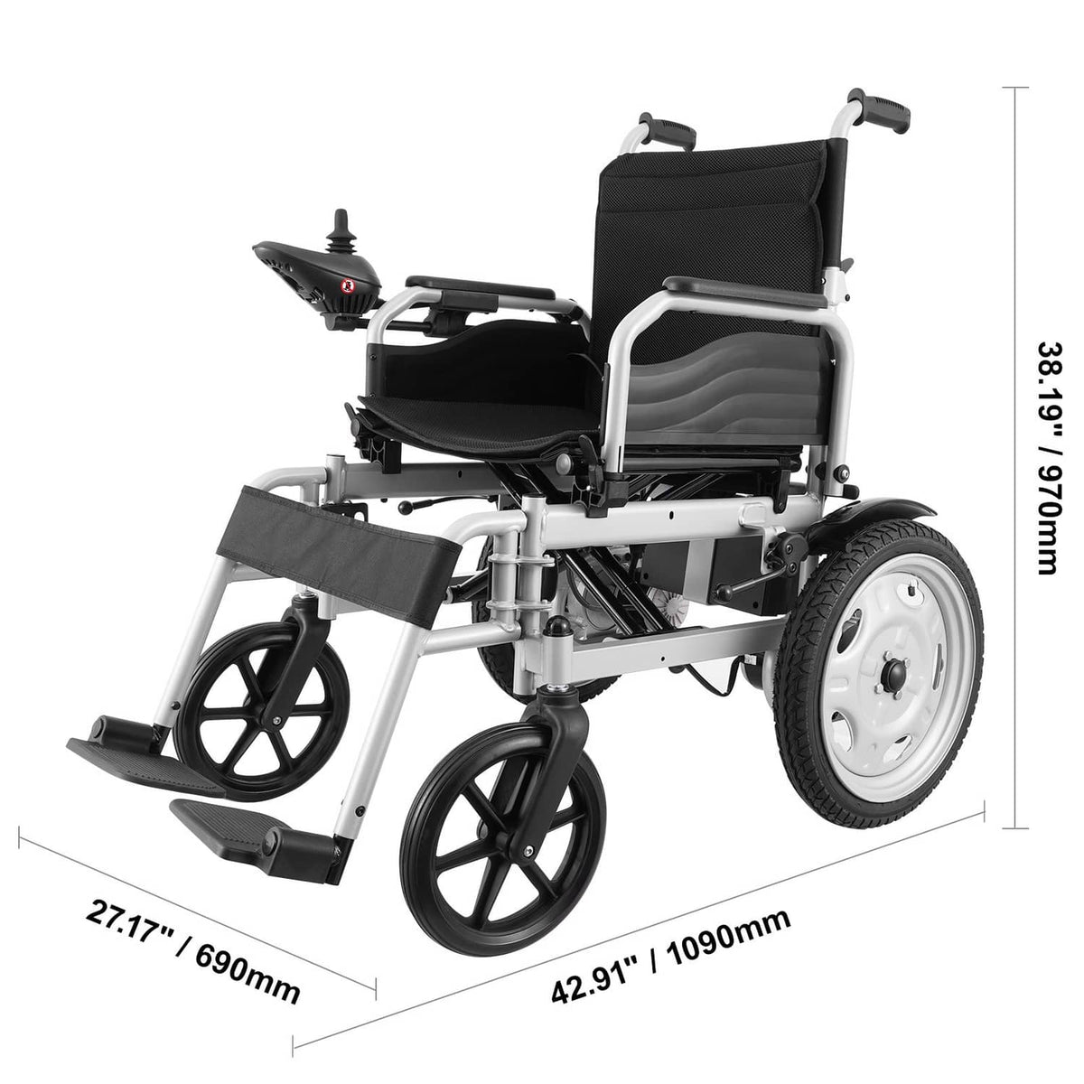 Wheelchair with black backrest, silver frame, and large front wheels, angled view