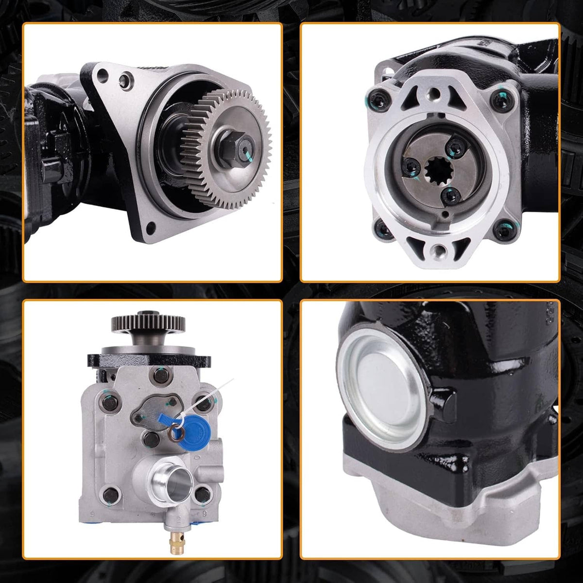 Truck air brake compressor with gear shown in multiple angles, black and silver