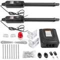 Dual automatic gate opener kit with two motors, mounting brackets, key, and cables