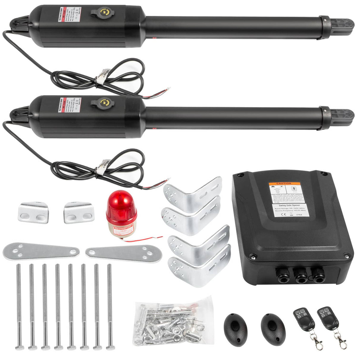 Dual automatic gate opener kit with two motors, mounting brackets, key, and cables
