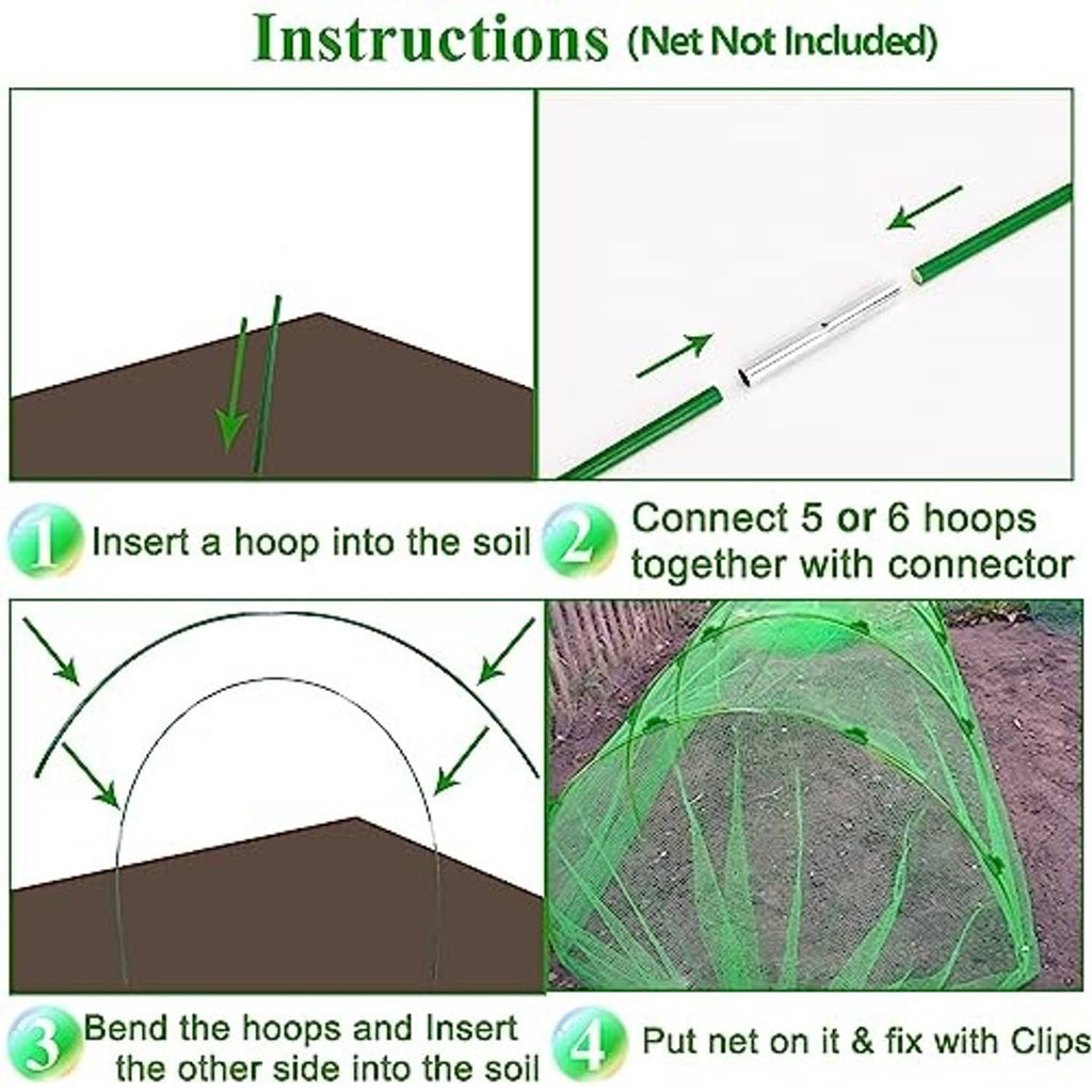 Green fiberglass garden hoops with connector pieces and clips, shown for assembly