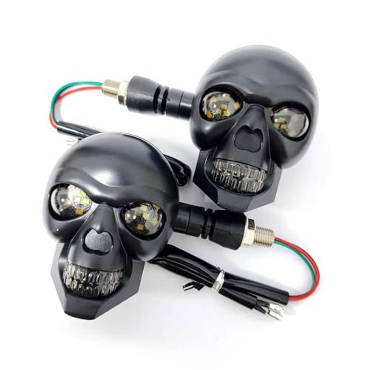 Skull-shaped LED motorcycle turn signal light set, black housing with cable wiring