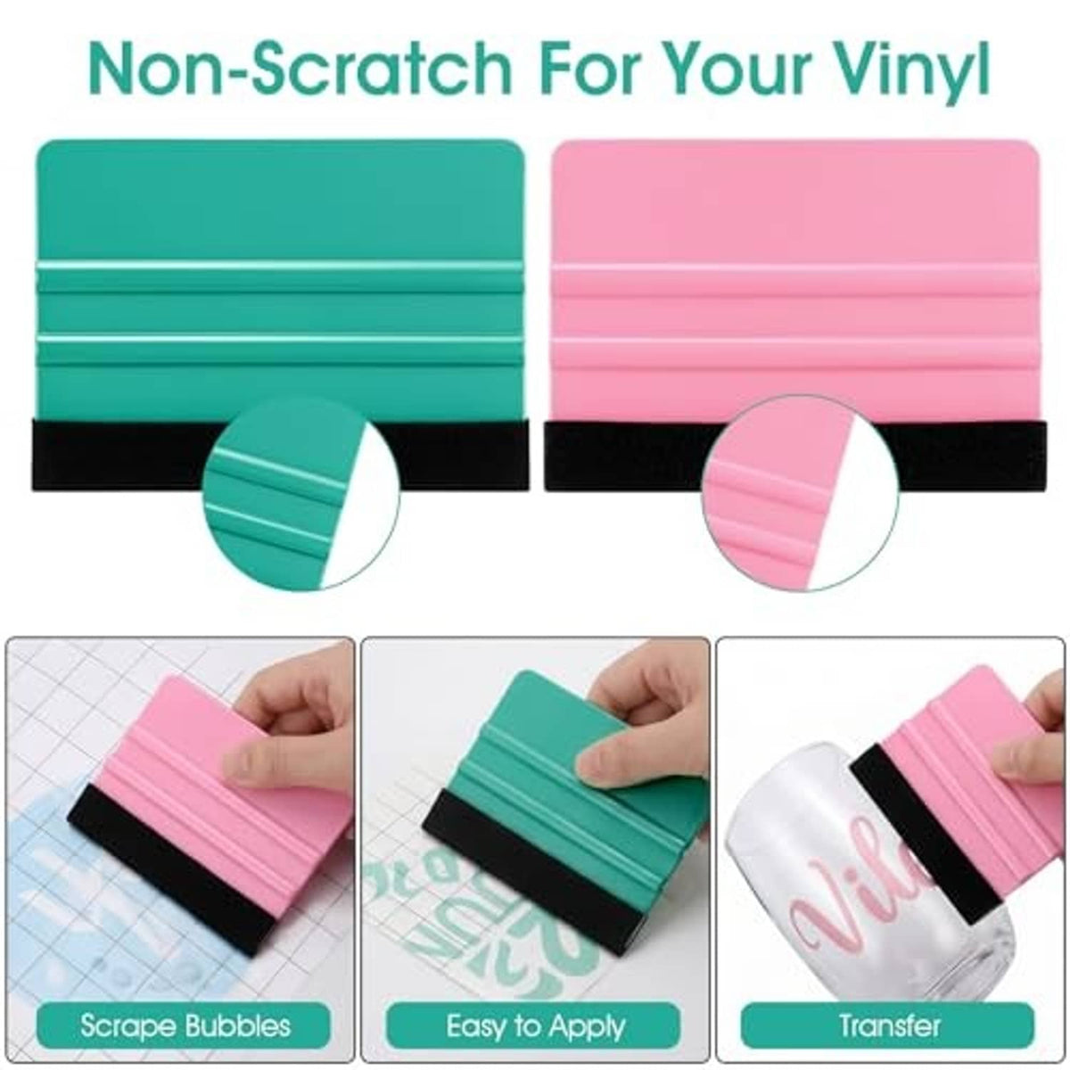 Non-scratch felt squeegee set: teal and pink handles with black felt edge