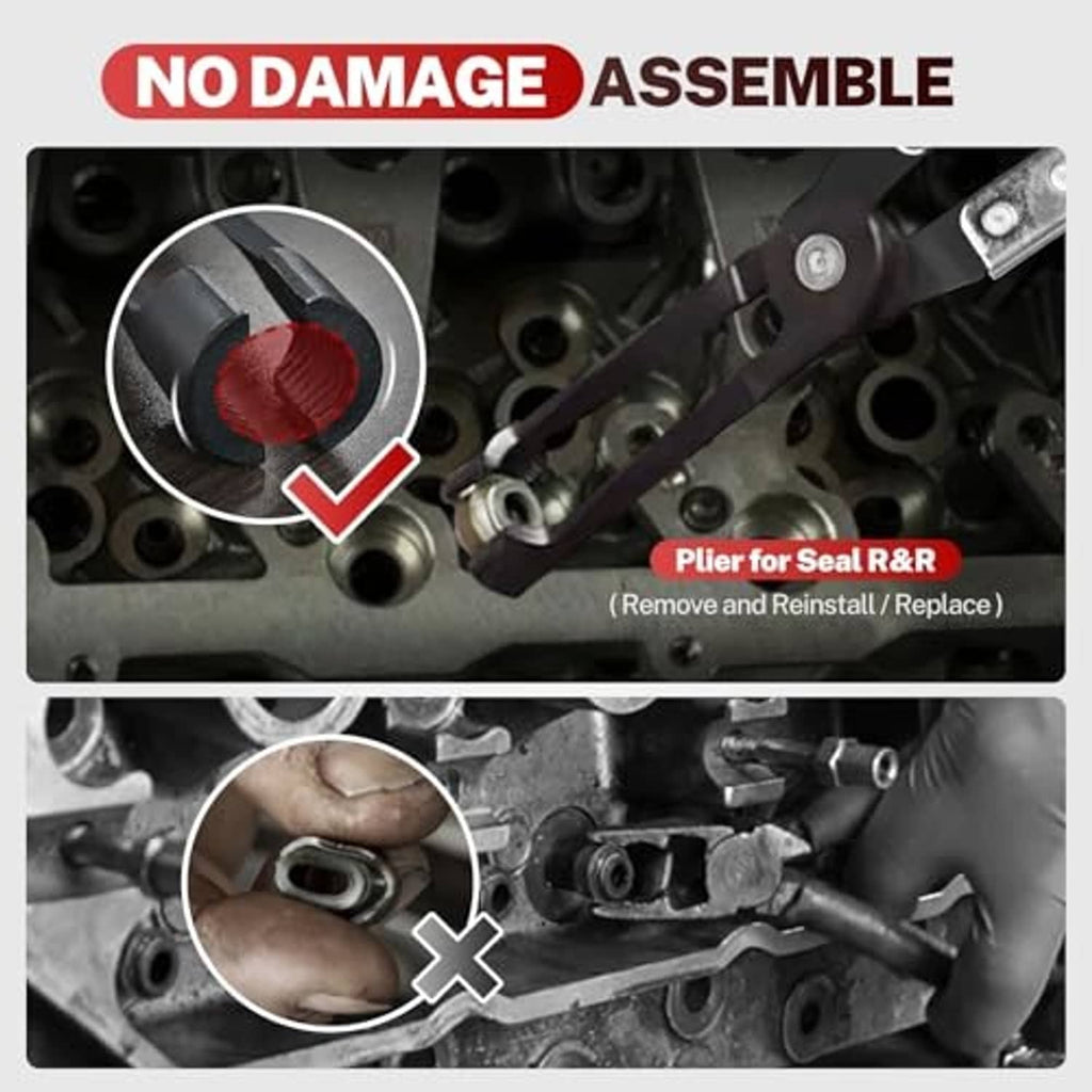 Valve seal plier and valve spring tools for safe seal removal and reinsertion
