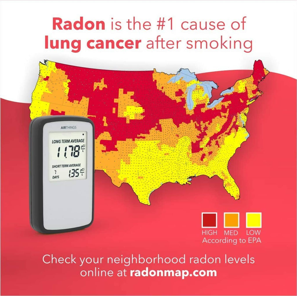 Black portable radon detector with LCD screen and visible long/short term averages