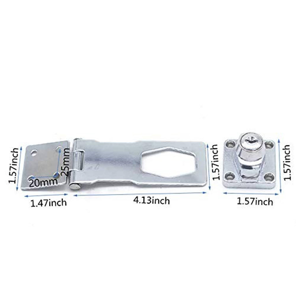 Keyed hasp lock with twist knob on silver metal plate, mounting holes