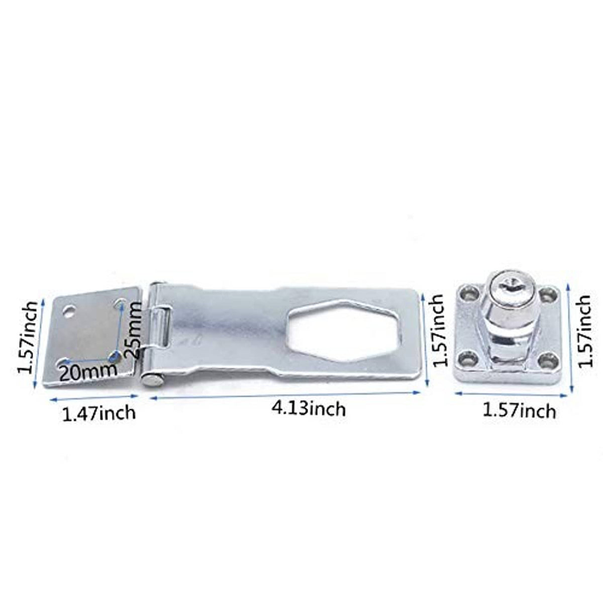 Keyed hasp lock with twist knob on silver metal plate, mounting holes