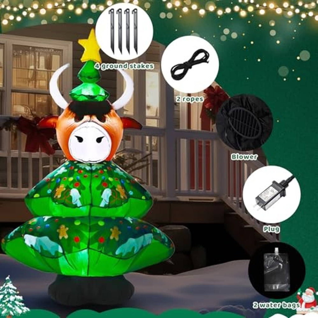 Inflatable highland cow Christmas decoration with green tree dress, showing included setup parts