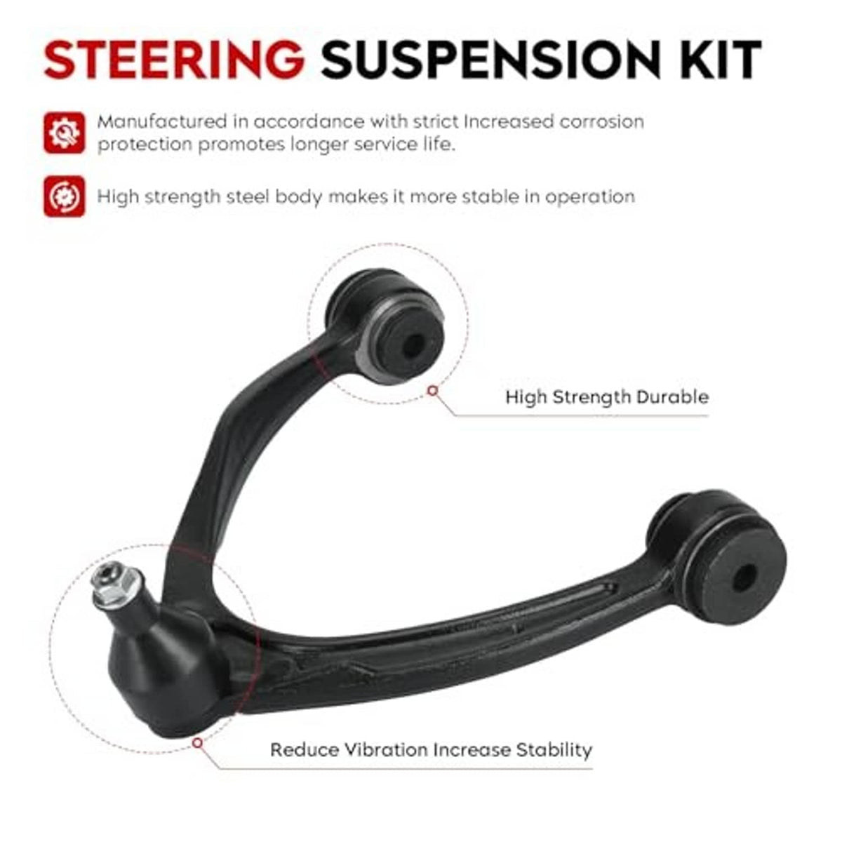 Black front suspension control arm assembly with durable bushings and mounting points.