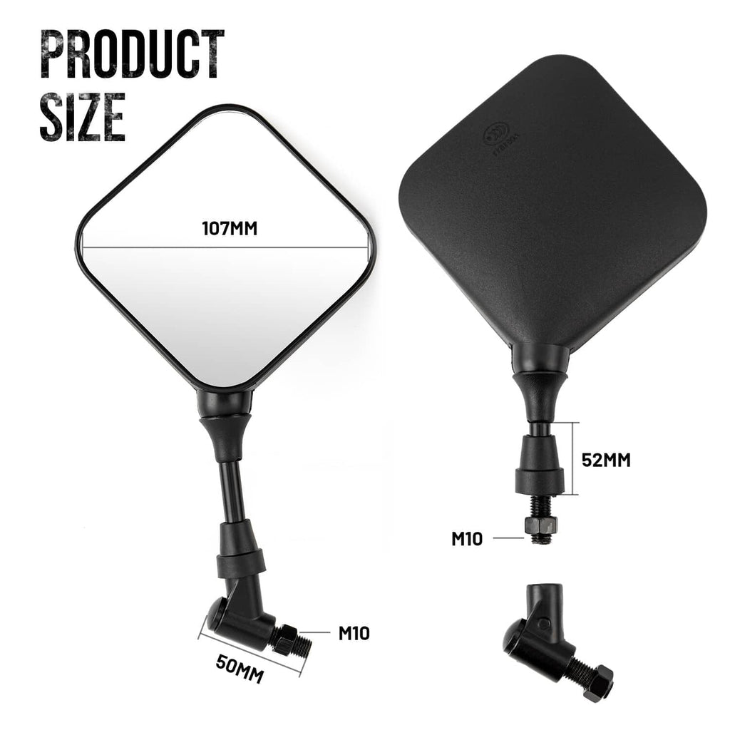 Black square motorcycle rearview mirror set with size measurements and mounting hardware