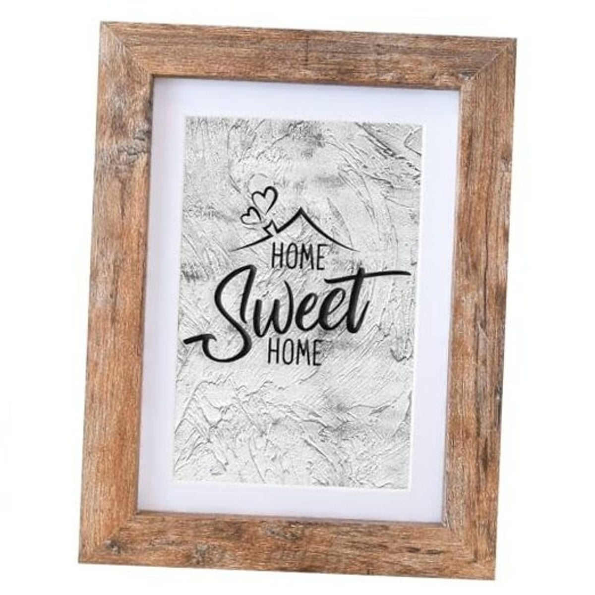 Rustic brown wood photo frame with white mat, holding a 4x6-style print