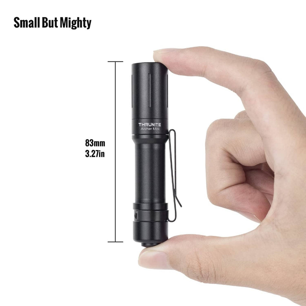 ThruNite Archer Mini pocket EDC pen flashlight, black, shown with size guide
