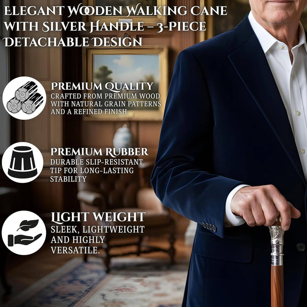 Brown wooden walking cane with silver handle and black rubber tip