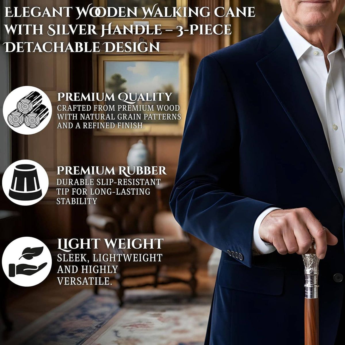 Brown wooden walking cane with silver handle and black rubber tip