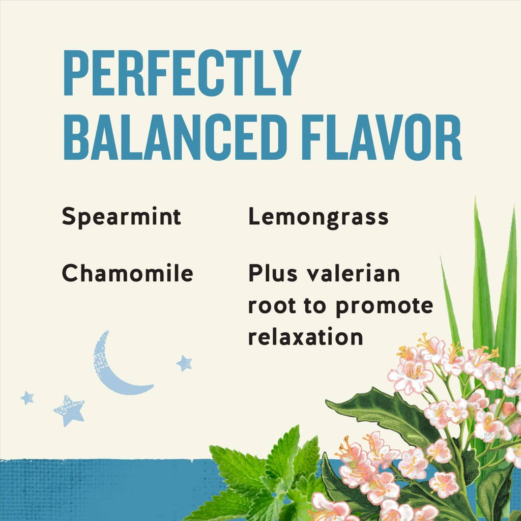 Sleepytime tea box panel: spearmint, lemongrass, chamomile, plus valerian root
