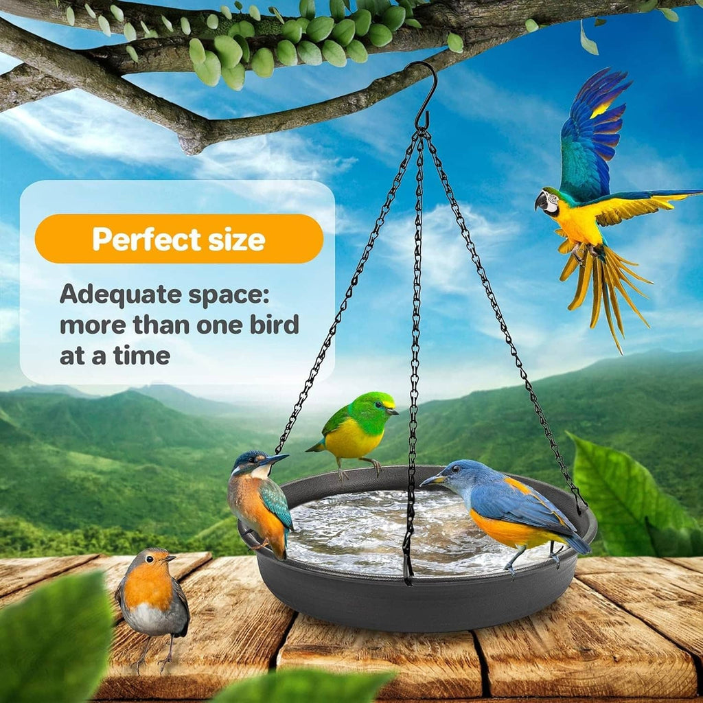 Dark grey hanging bird bath feeder tray with chain suspension for birds