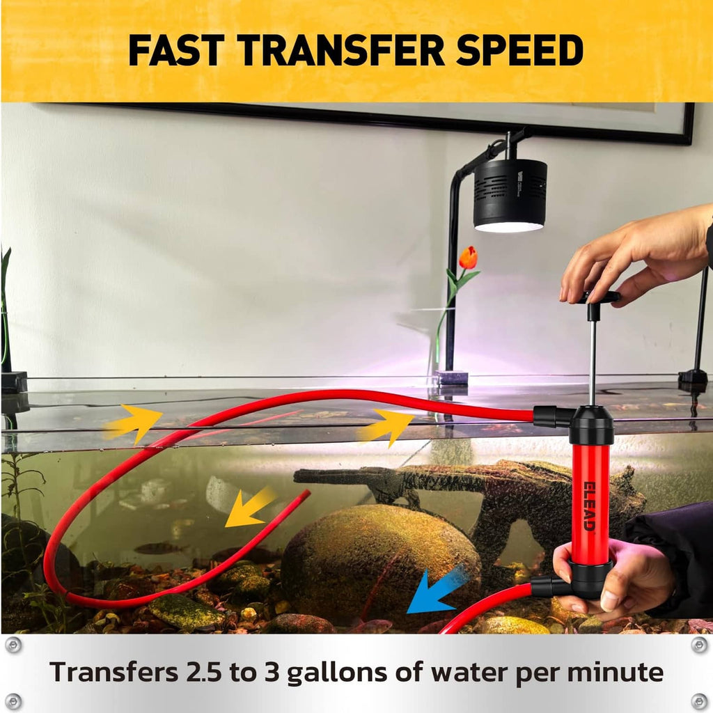 Fluid transfer siphon pump holding red hose to transfer water with fast-flow setup