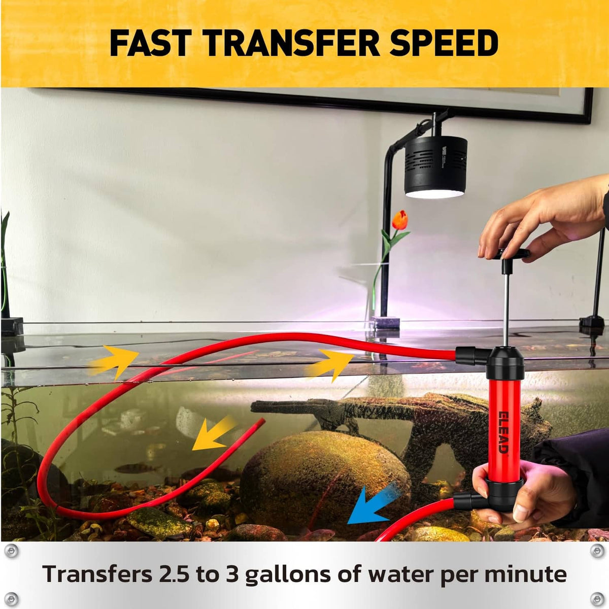 Fluid transfer siphon pump holding red hose to transfer water with fast-flow setup