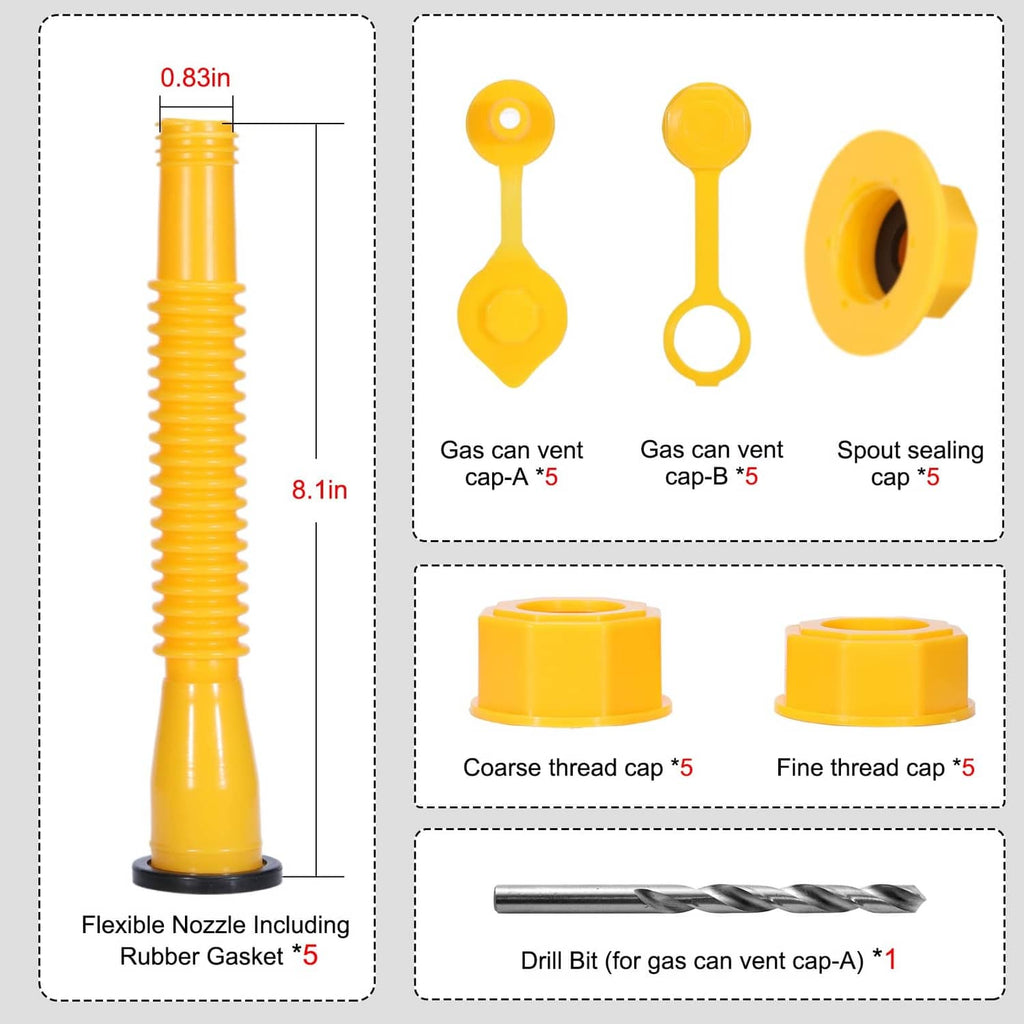 Yellow flexible nozzle with threaded cap and vent cap pieces