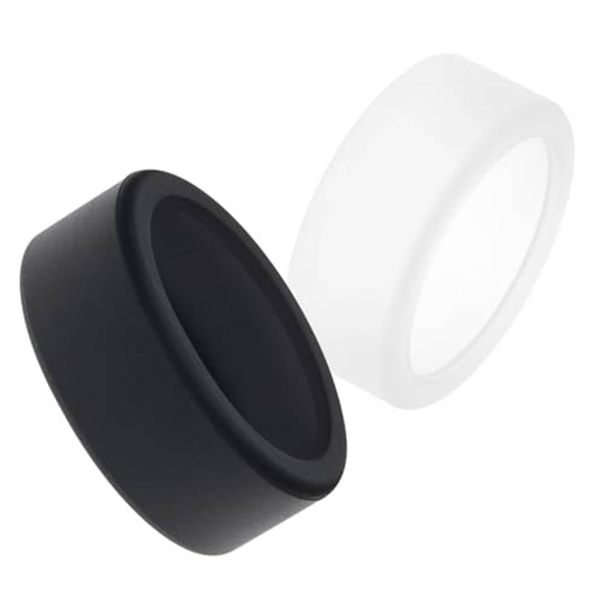 Black and white silicone ring covers, angled view of two protective sleeves