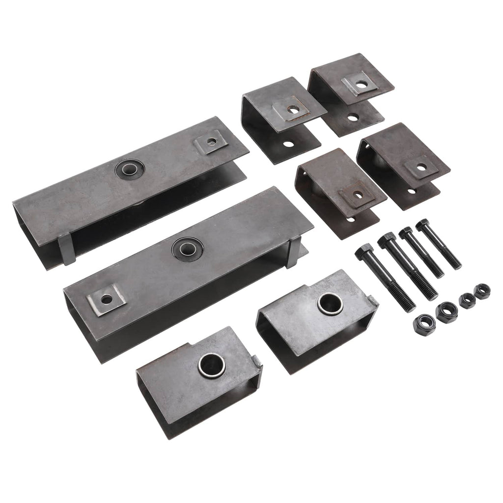 Trailer hanger kit components: long brackets, smaller blocks, bolts, and nuts