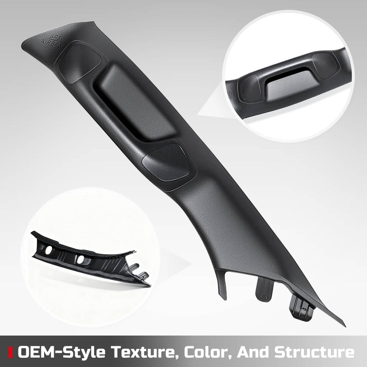 Black A-pillar grab handle with inset view of the bracket clip and mounting points