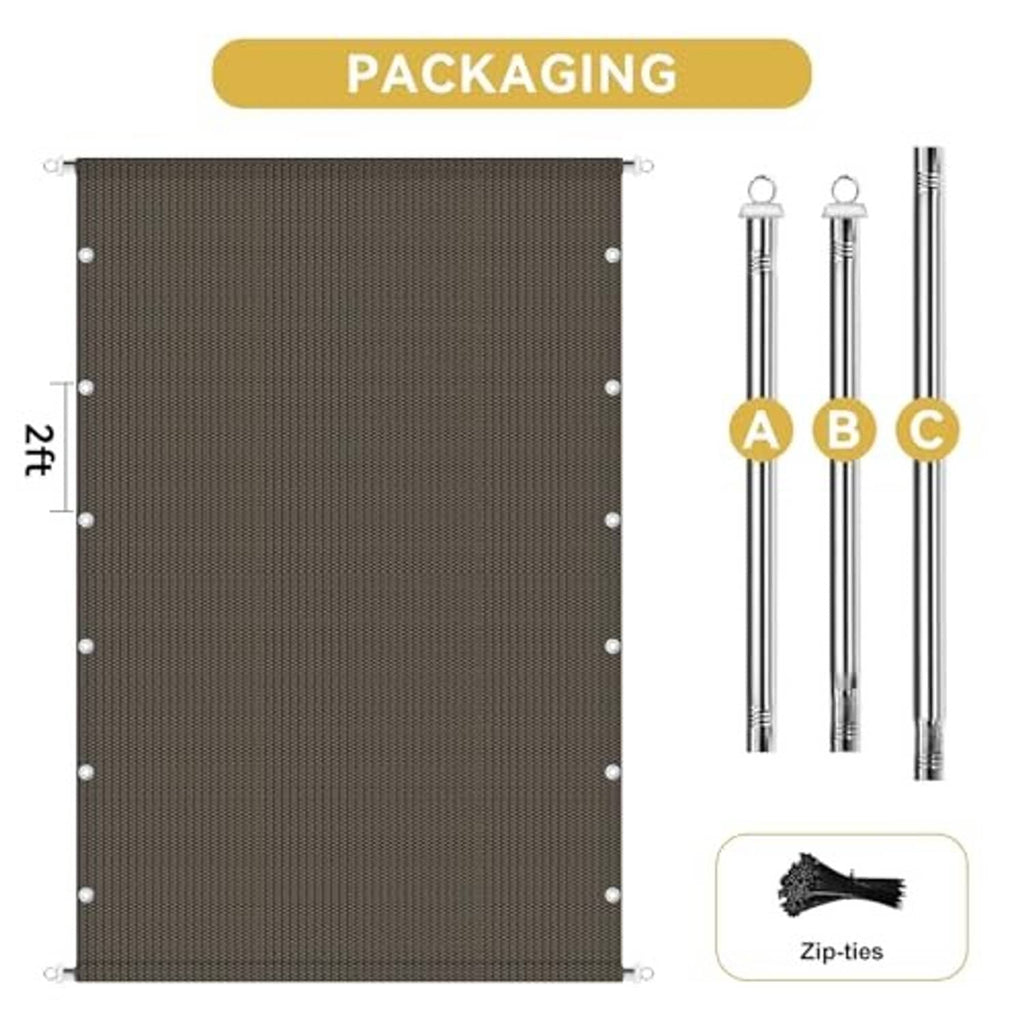 Pack of brown pergola shade cover with grommet corners, mounting rods, and zip ties