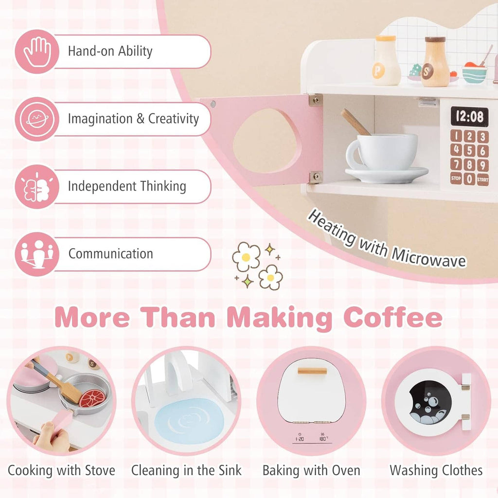 Toy coffee play kitchen concept icons showing stove, sink, oven, and washing activities
