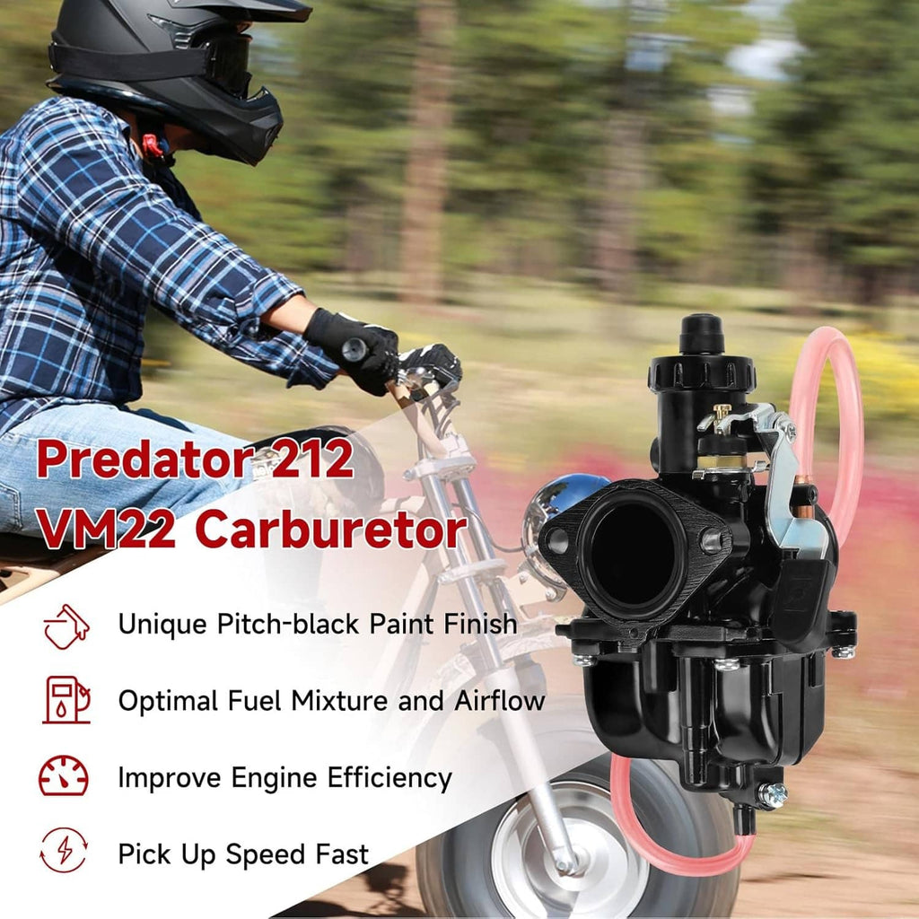 Black carburetor assembly with air filter and pink fuel line for throttle control