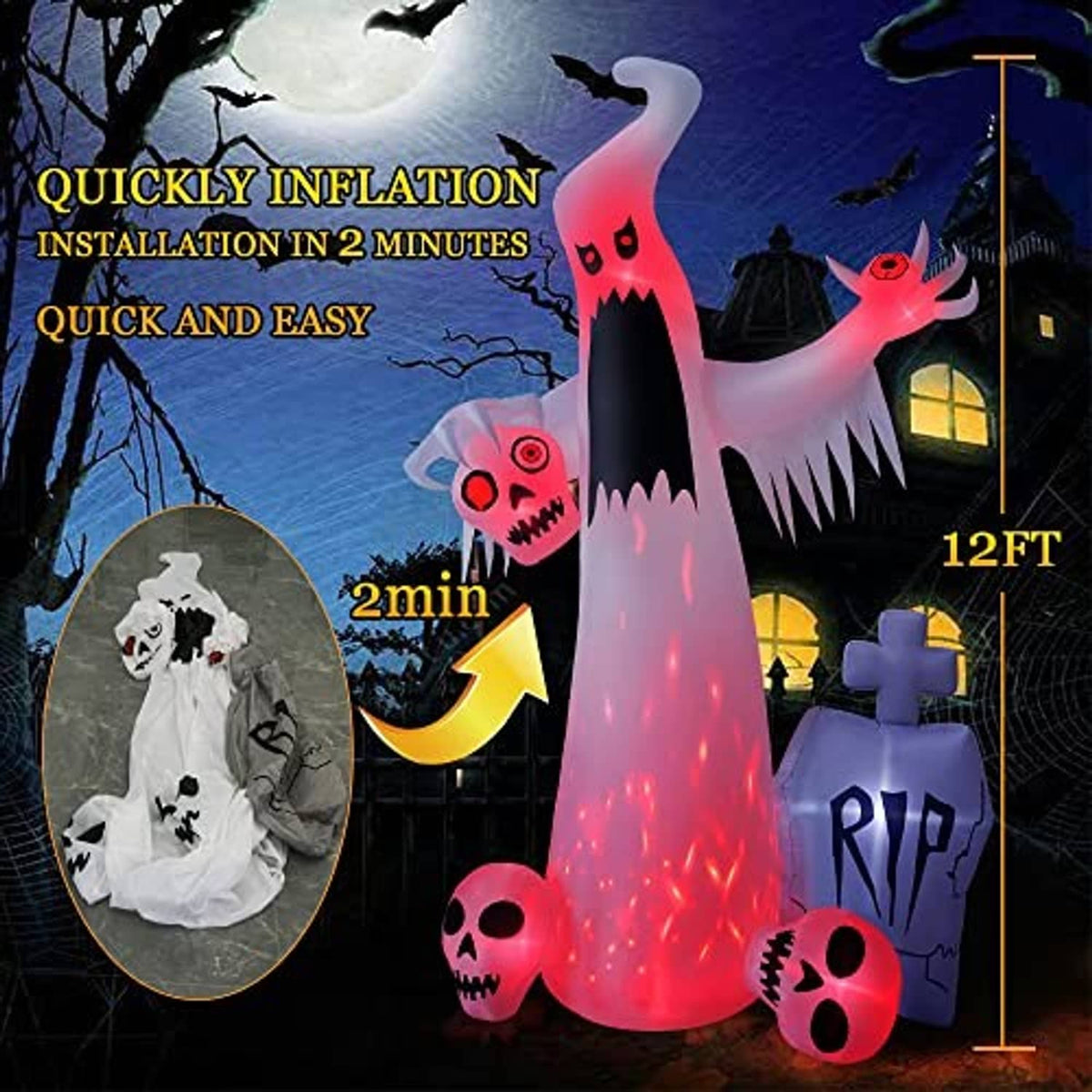 Tall Halloween ghost inflatable with red glowing base, skull ornaments, and RIP tombstone props