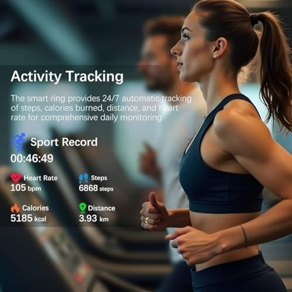 Gold smart health ring icon with heart rate, steps, and calories tracking