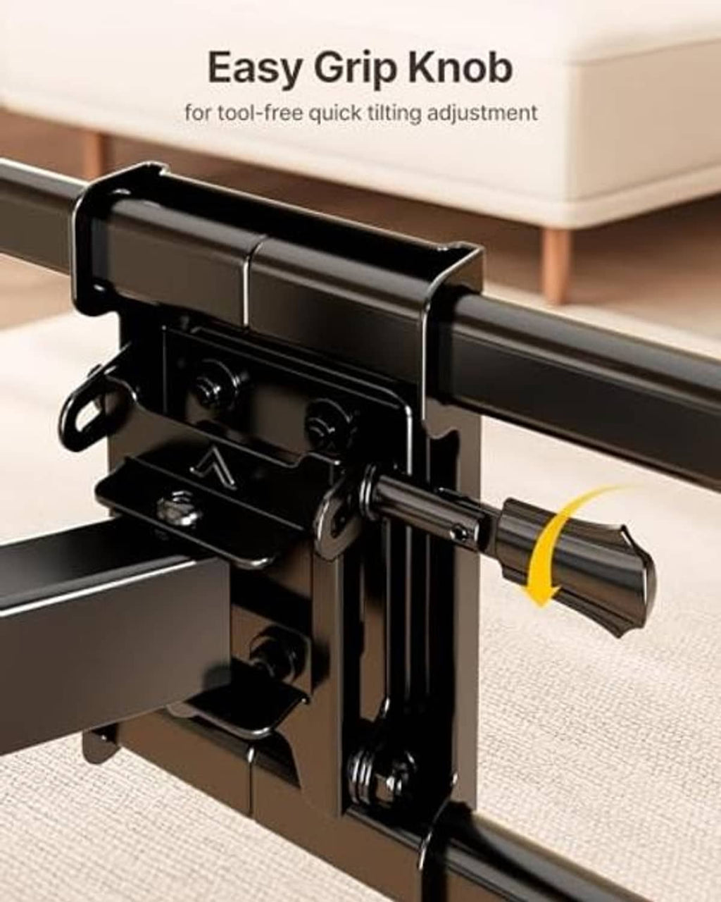 Full motion TV wall mount close-up of a black adjustable grip knob and locking mechanism
